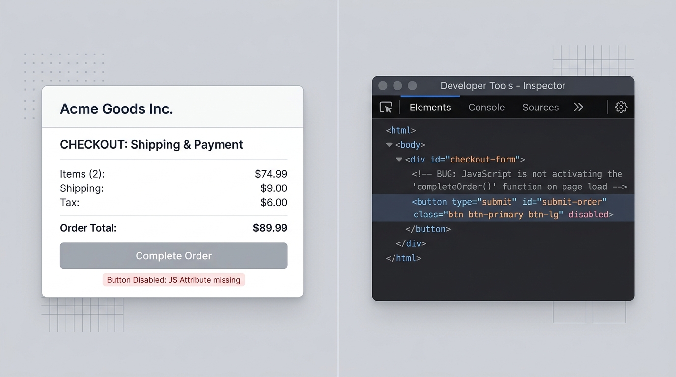 Greyed out unclickable checkout button bug illustration